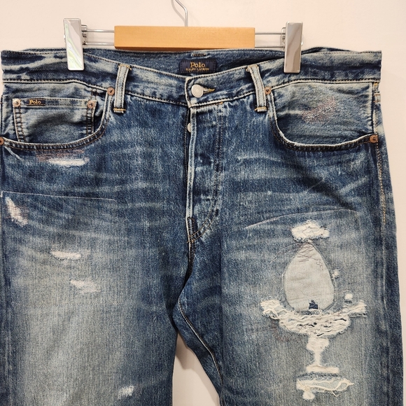 RARE Polo Ralph Lauren Varick Slim Jeans Mens 36x32 Distressed Patchwork Jeans - Picture 3 of 13